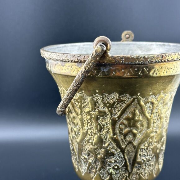 Small Vintage Rustic Brass Metal Bucket with Handle Hand Hammered Decor 5.5" H - Picture 4 of 10